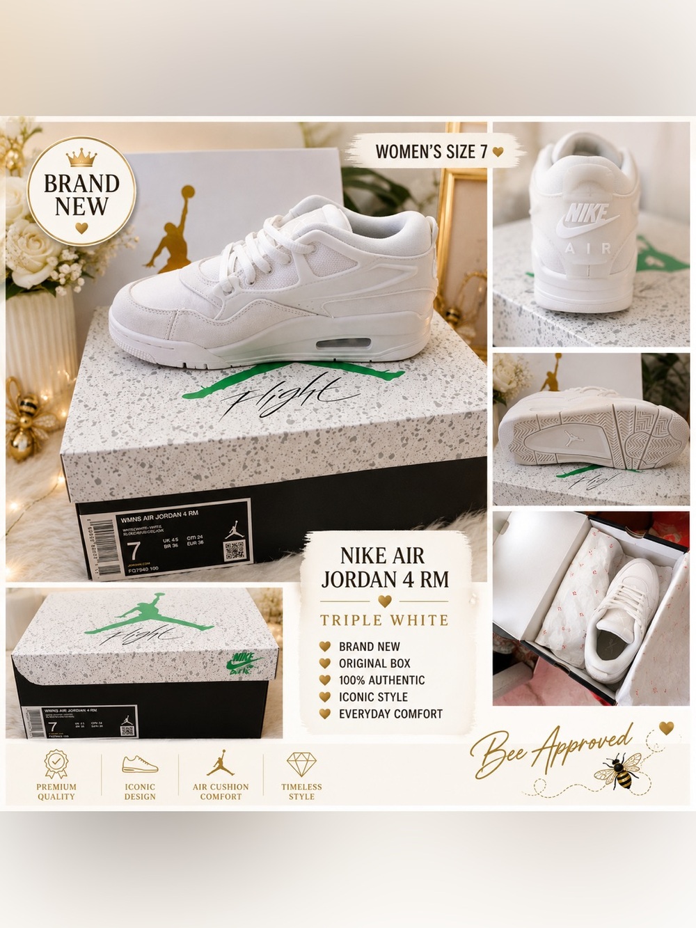 Nike Air Jordan 4 RM Triple White Women’s Sneakers | Size 7 | NWT